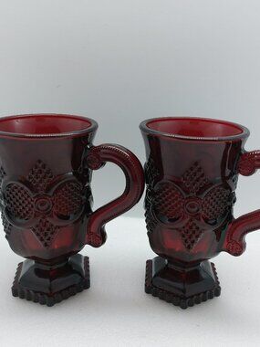 2 Vintage Avon Ruby Red Cape Cod Handled Coffee 5" Cups Mugs